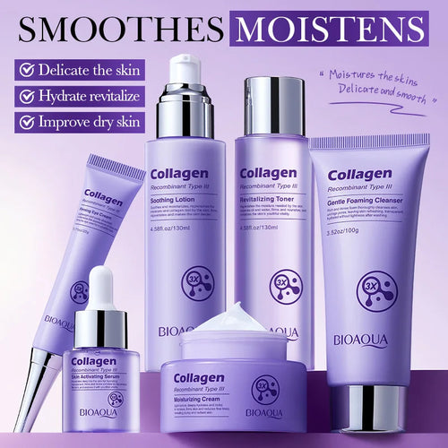 Coffret de soins anti-rides en six pièces au collagène, anti-âge et raffermissant, comprenant une crème pour les yeux, une crème pour le visage, une lotion tonique et un sérum.
